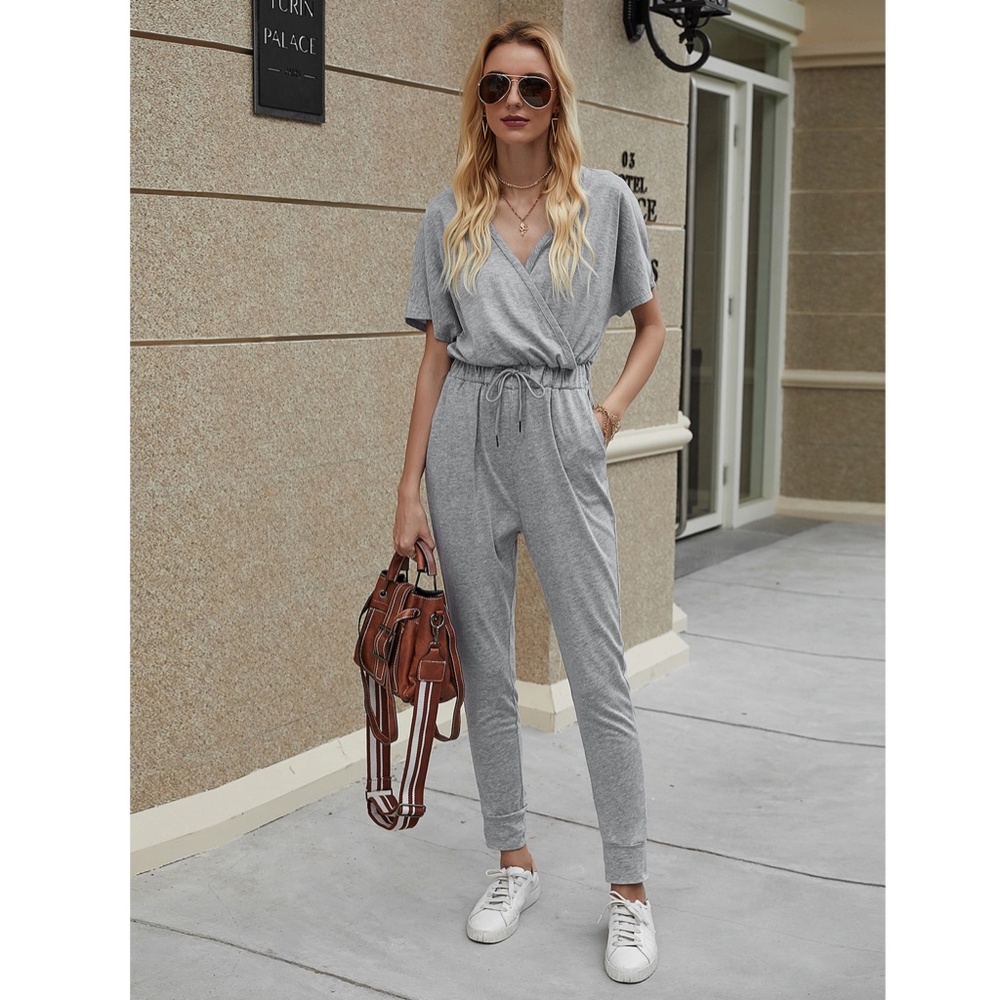 Surplice Top Drawstring Waist Grey Jumpsuit - Picture 4 of 12
